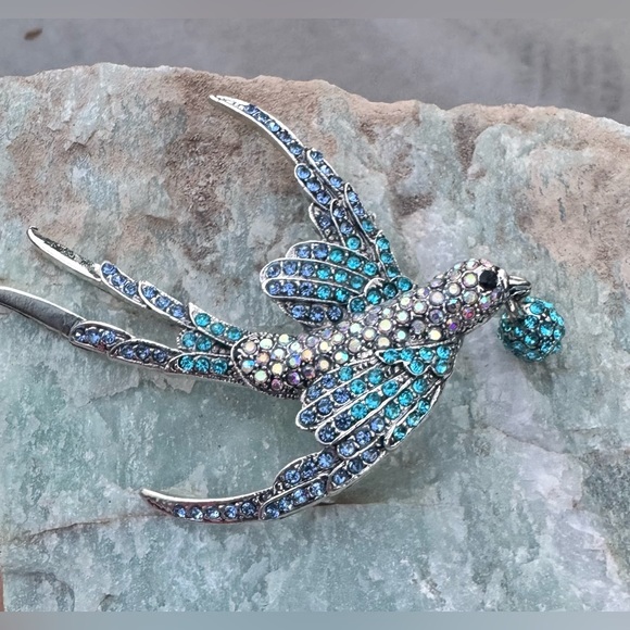 Crystal-Encrusted Swallow Pin | Blue & Iridescent Rhinestone Bird Brooch - Picture 2 of 4